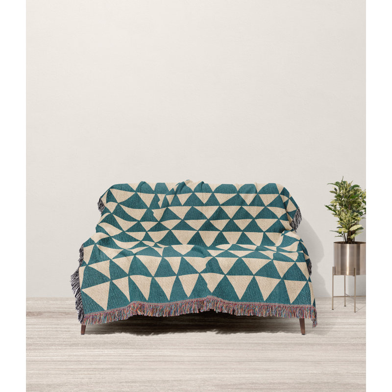 Jeté en coton Kelia, Grand lit, Sarcelle / Beige