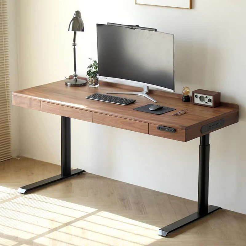 Bureau à 2 tiroirs en bois massif brun et noisette + réglable en hauteur, H 49,21 po x l 55,12 po x P 27,56 po