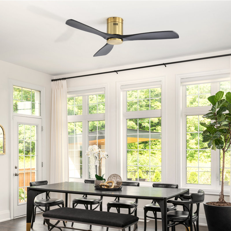 Ventilateur de plafond encastré à 3 pales en bois massif 52 po Sofucor Rachel, Or et pales noires