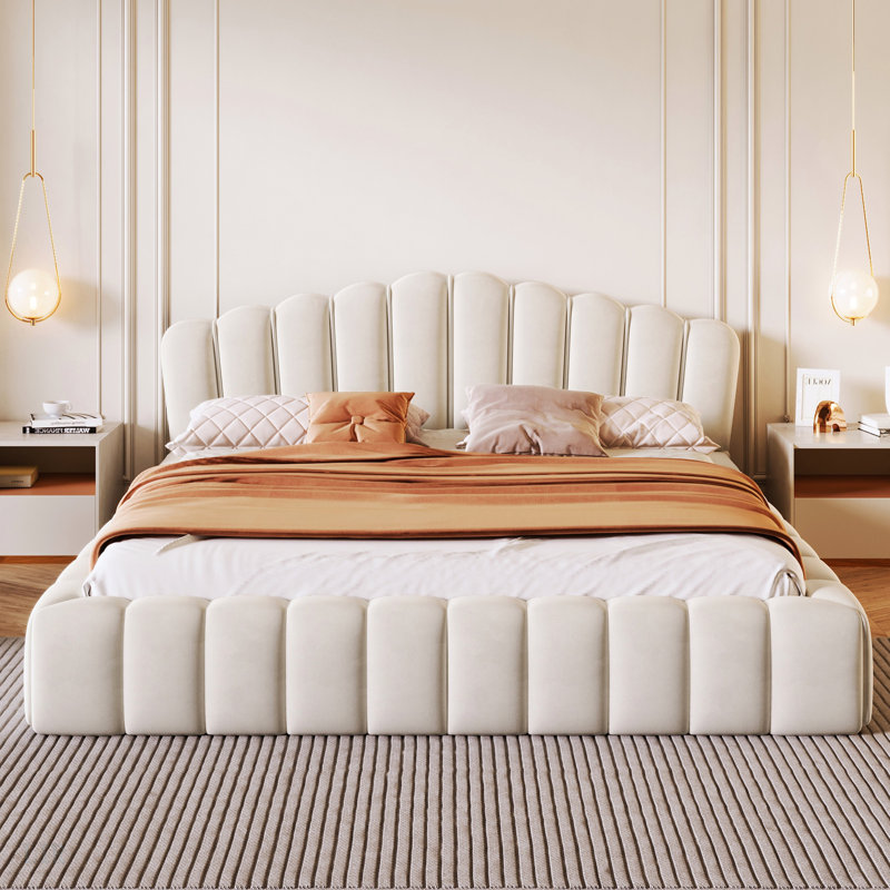 Tête de lit tapissier en velours pour lit double, Beige
