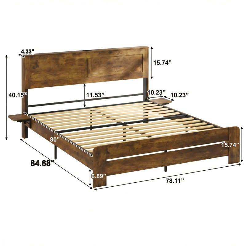 Farmhouse-Style King-Sized Bed Frame With A Headboard Storage Shelf. Wooden Platform Bed With LED Lights And A Charging Station. Rustic Brown Finish, No Box Spring Needed. Features A Noise-Free And Sturdy Structure.