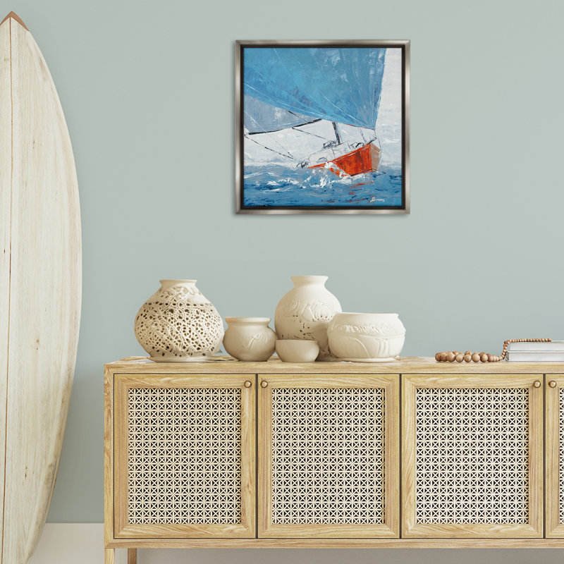 «Crashing Waves Against Boat», art mural encadré flottant par John Burrows, Cadre flottant gris lustré, H 25 po x l 25 po