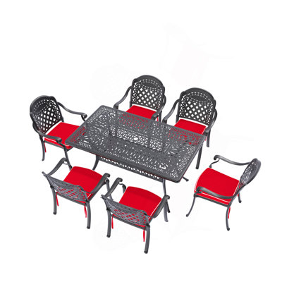 Ensemble de 7 pièces de mobilier de patio en aluminium coulé avec cadre noir et coussins de siège rouges