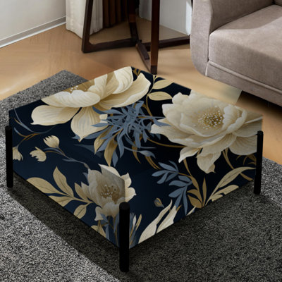 Industrial Ivory & Blue Fusion Floral Pattern I - Floral Large Square Ottoman