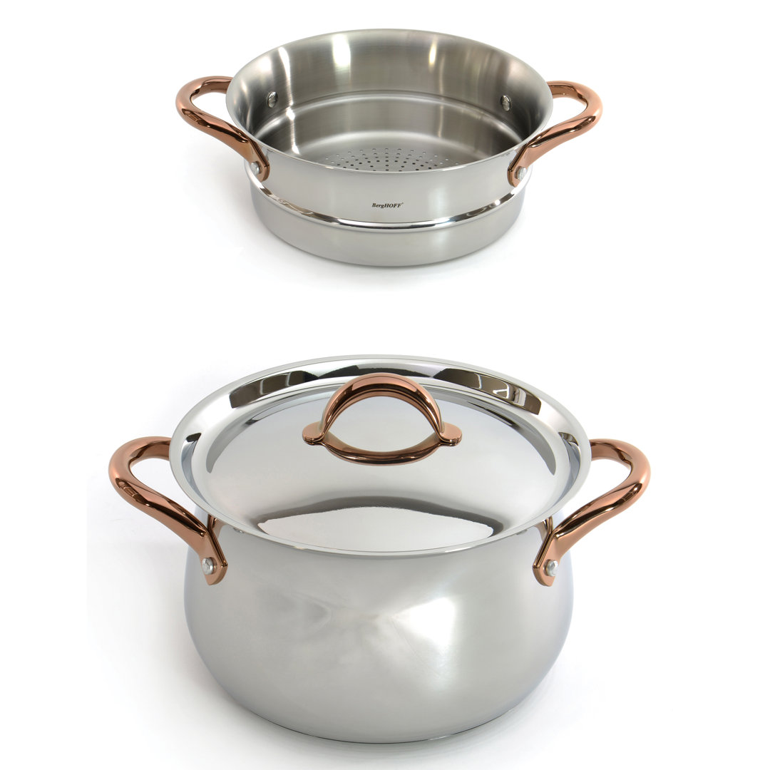 BergHOFF Ouro Gold 3pc 18/10 SS Steamer Set, SS Lids, Rose Gold Handles BergHOFF
