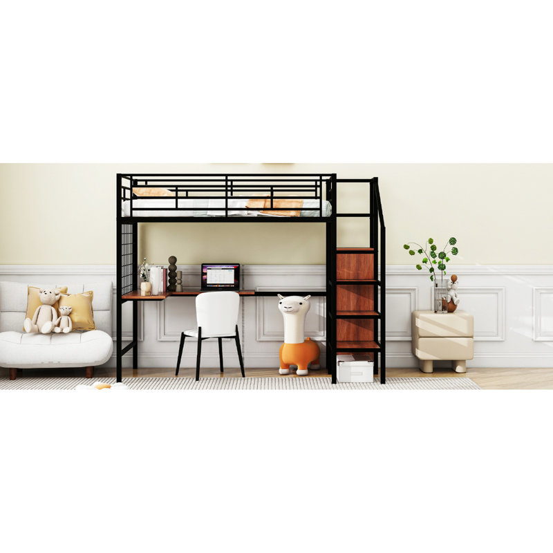 Lit mezzanine simple en métal noir avec bureau et grille. Fabrication robuste. Garde-robe latérale pour optimiser l'espace. Multiples activités polyvalentes. Convient à la décoration d'une pièce. Matelas non inclus Grille de taille en noir.