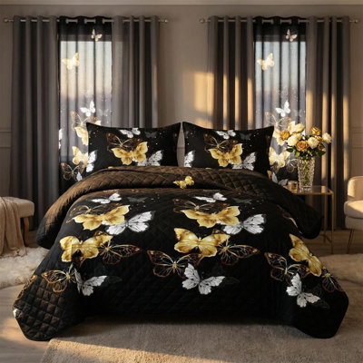 King Size 9-Piece Black & Gold Butterfly Bedding & Curtain Set (King) - Quilted Microfiber Bedspread + Sheer Drapes