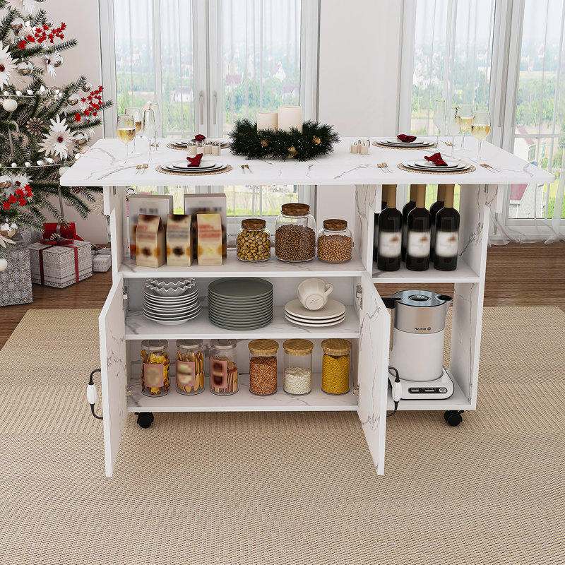Multi-Functional Folding Table With Storage Shelves And Wheels, 47 Inch Foldable Dining Table For Small Spaces, Compact Desk For Kitchen, Dorm, Office(White)