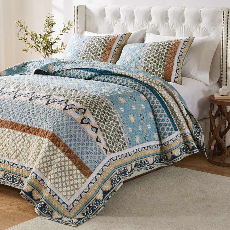 Greenland Home Fashions Thalia Blue 3-Piece Queen Size Quilt Set 90x90 + 20x26 (2), Queen
