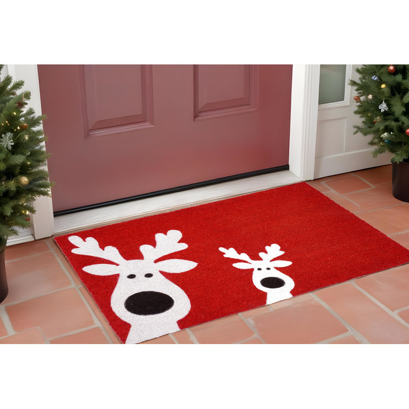 17" X 29" Red and White Coir Reindeer Outdoor Christmas Door Mat