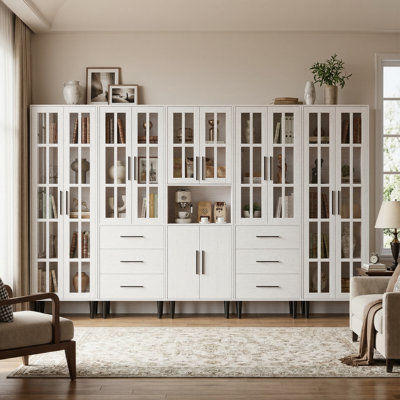 70.9'' H X 118'' W Book Cabinet Storage Bookcase Set, Bookshelf with Glass Door and Large Drawers