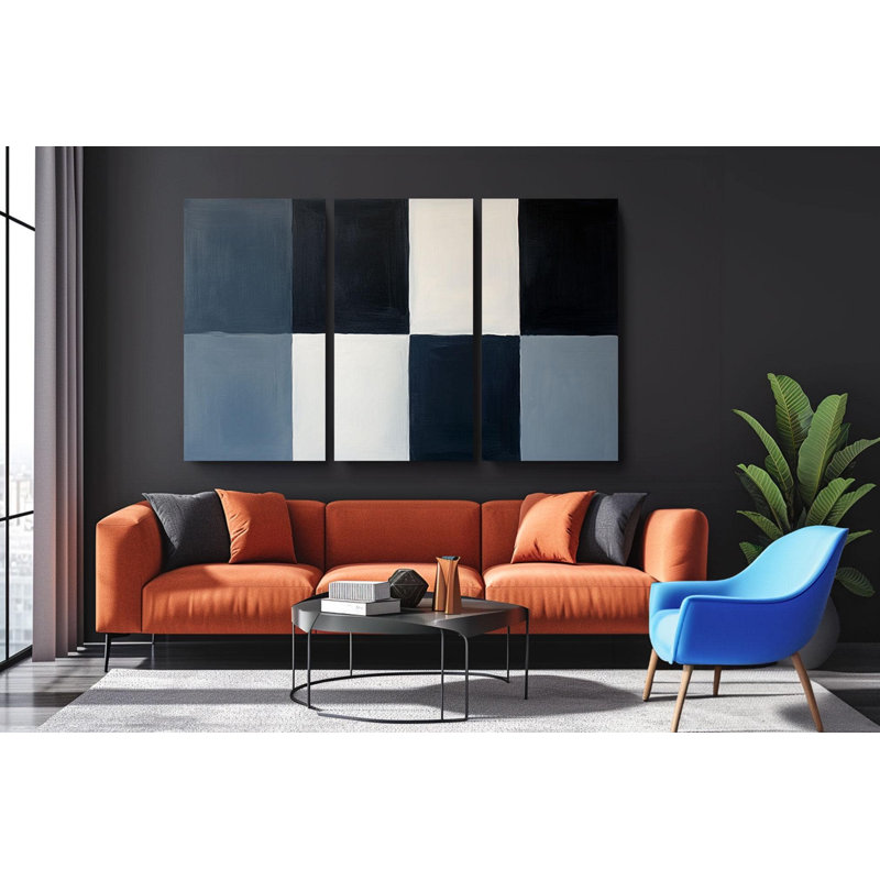 Art mural sur toile Triptych - Triptyque abstrait noir et gris moderne, H 30 po x l 60 po