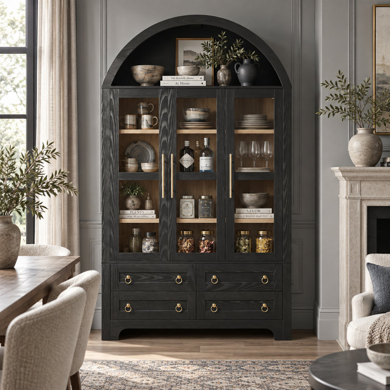 Armoire de rangement Novelle 72,8 po de style ferme moderne en bois d'ingénierie avec portes vitrées et étagères réglables