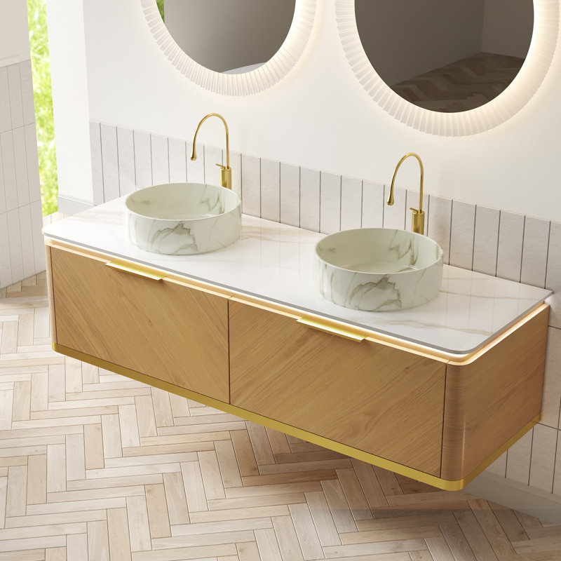 Ensemble de meuble-lavabo et lavabo de 60 po Dipa, armoire de rangement flottante en contreplaqué avec tiroir, capteur de lumière, 2 vasques en céramique blanche à motif de pierre et plateau en pierre frittée, pré-assemblé, couleur chêne naturel 
