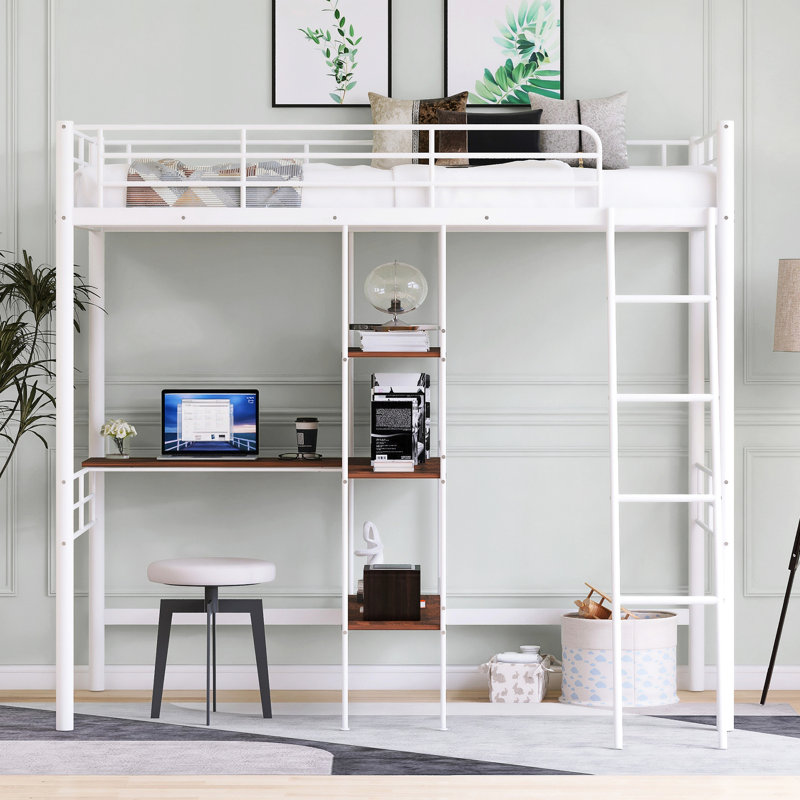Lit mezzanine simple en métal blanc avec bureau et tablette - élément de chambre à coucher moderne pour les petits espaces