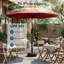 Parasol de terrasse de 10 pi avec table de marché ronde à 8 nervures avec manivelle et inclinaison à bouton-poussoir, rouge, 10 pi-2058064596