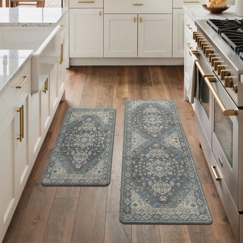 Tapis de cuisine imperméable anti-fatigue anti-dérapant, Tapis de couloir 17 po x 47 po + 17 po x 30 po, Bleu