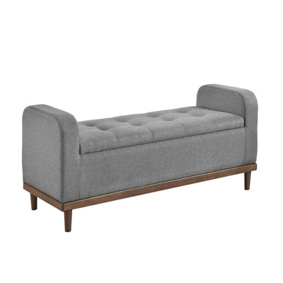 Gray Upholstered Mid-Century Modern Lift Top Storage Bench, Solid Wood Walnut Bedroom Piece Bench In Design, Fabric Upholstery,