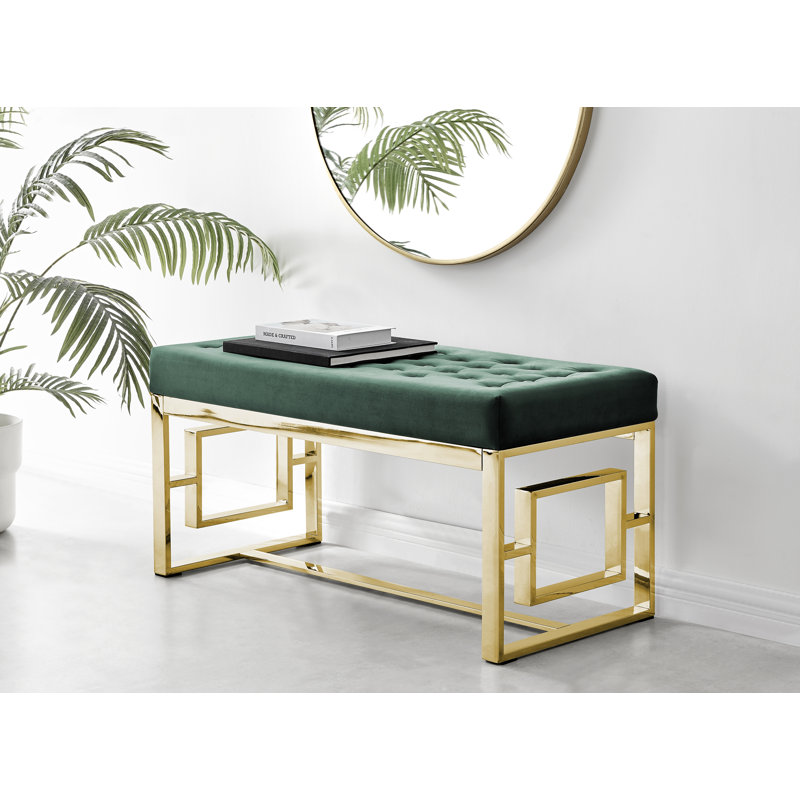 Camberley Luxury Velvet Upholstered Bedroom Bench - Dressing Table Seat or End of Bed Bench, Green/Gold