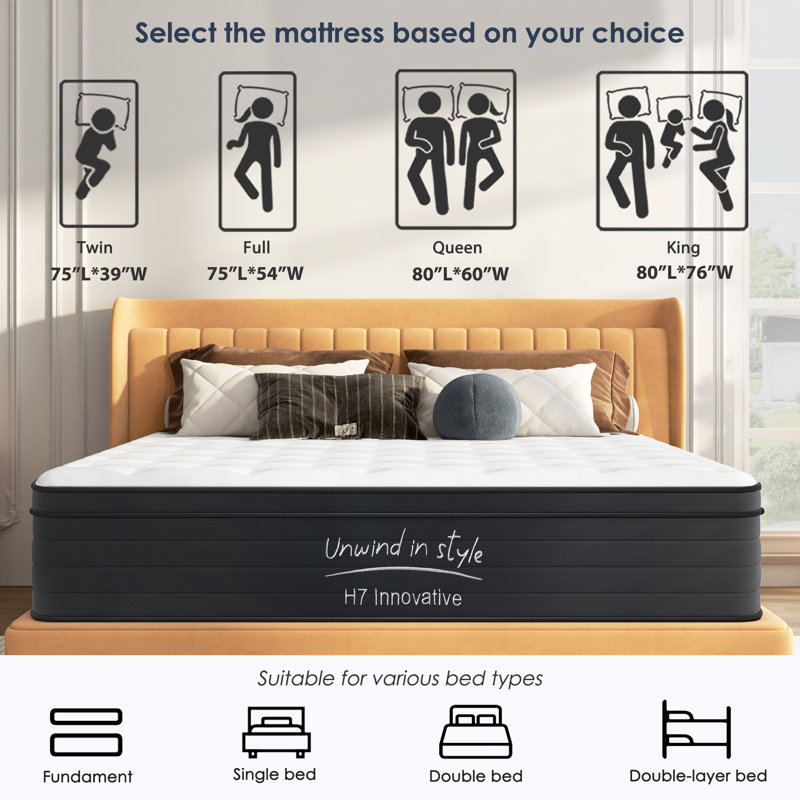 Mattress,12 Inch Hybrid Mattress, Individually Pocketed Innerspring, Medium Firm, 12, Queen