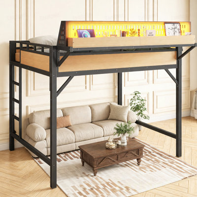 Structure de lit double pleine grandeur avec tablettes de rangement et panneau perforé, lit mezzanine en métal avec ports USB et lumières DEL, sécuritaire et robuste