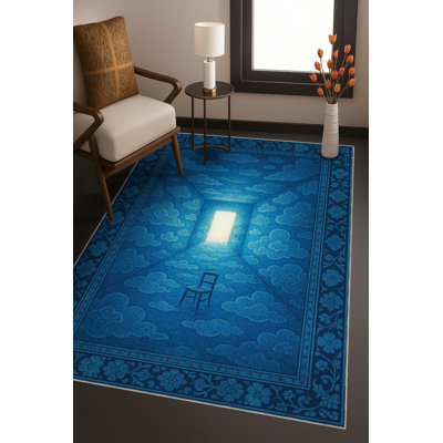 MOSSO Blue Abstract Washable Woven Backing Area Rug