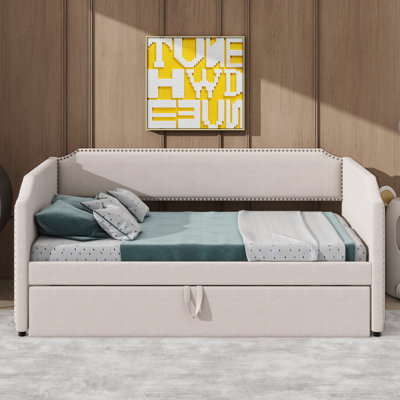 Lit de jour simple revêtu de tissu moelleux avec lit gigogne escamotable