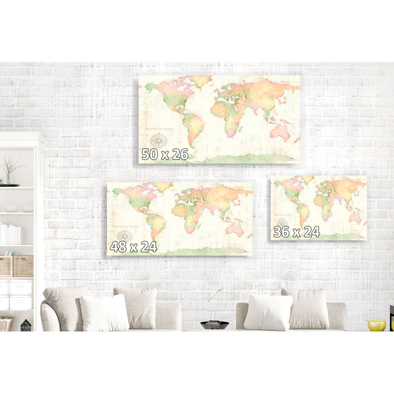 map World Map, Bright, Map Of The World, Geography, Globe, Continents, Pink, Green, Cream, White, 24" H x 48" W x 1.5" D