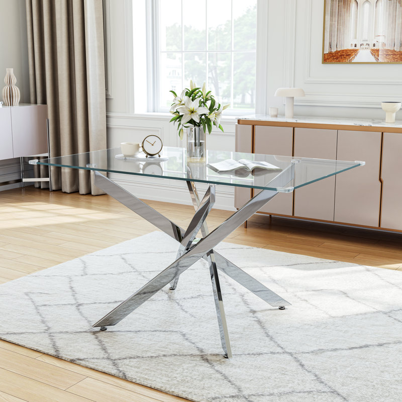 Modern Glass Dining Table Set For 4, 50" Rectangular Tempered Glass Dining Table With Velvet Upholstered Seats, Silver