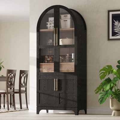 Tall Arched Kitchen Pantry Cabinet With Door Shelves, Farmhouse Style, Open & Adjustable Shelves, Hidden Drawer, And Glass Door For Elegant Storage