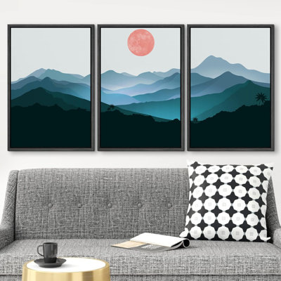 Abstract Mountain " Navy Blue Nordic Style Theme Abstract Sun And Mountains Simple And Minimalist Landscape " 3 - Pieces