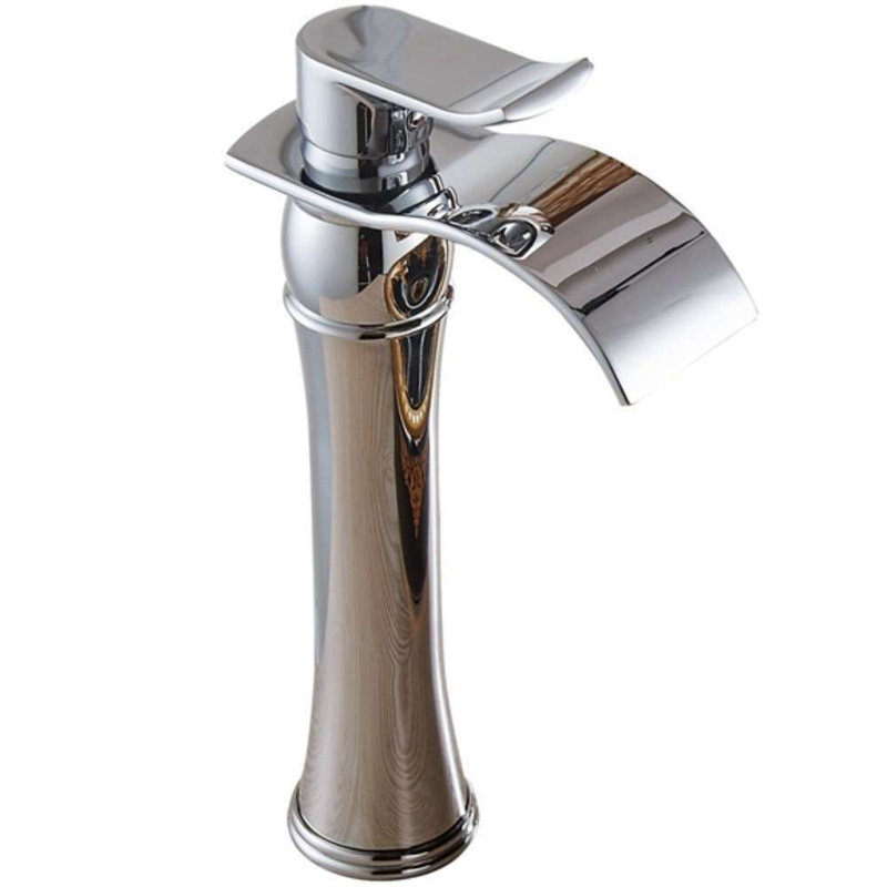 Robinet pour salle de bain à poignée simple avec drain Leon - Finition chromée, bec cascade, conception à fixation sur le comptoir