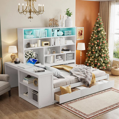 Lit de jour en bois avec trois tiroirs, bureau, tablettes et lumières
