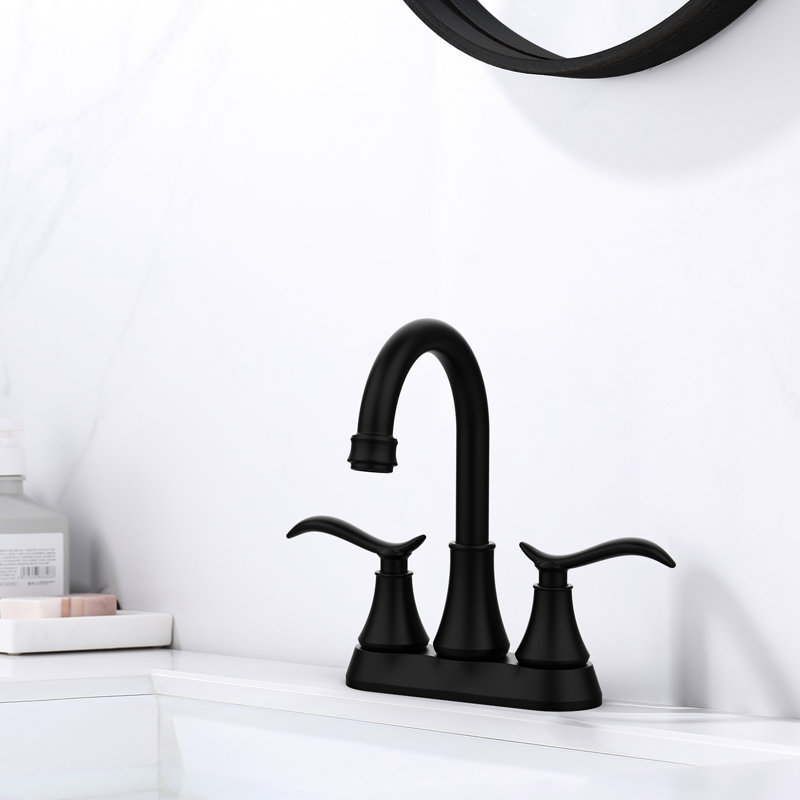 Matte Black 4 Inch Bathroom Faucet - 2 Handle 360 Degree High Arc Swivel Spout Vanity Sink With Pop-Up Drain & Supply Hoses 2 Wash Basin