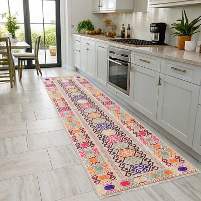 Tapis de couloir de tapis en chenille beige et beige à motif kilim anatolien antidérapant pour le salon, la cuisine, le couloir