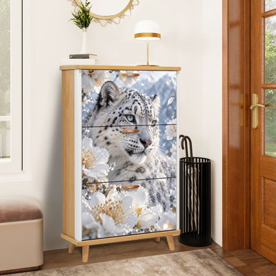Meuble à chaussures à 3 tiroirs rabattables, motif léopard des neiges parmi les fleurs blanches, étagère à chaussures mince et discrète en bois, idéale pour entrée, couloir, hall d'entrée, garde-robe ou petit espace d'appartement.
