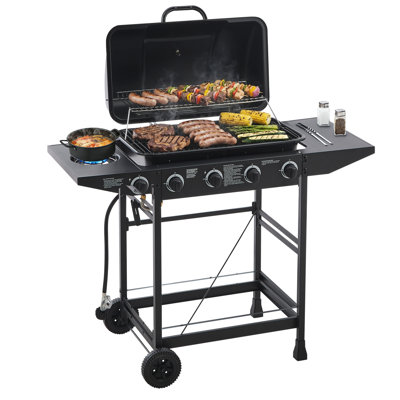 Barbecue au gaz extérieur avec 4 brûleurs, allumage, cuisson en fonte, chauffage individuel de 182 pieds carrés, 42 000 brûleurs principaux et 1 brûleur latéral, acier inoxydable, surface, balcon