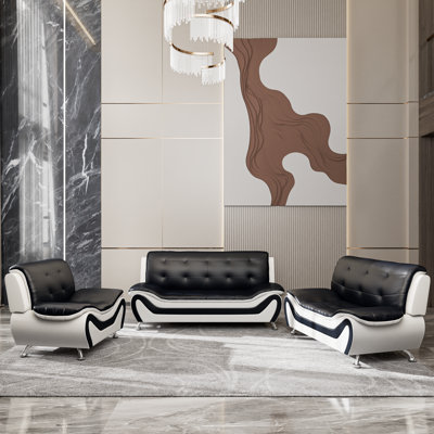 3-piece Faux Leather Sofa Set, Black & White Living Room Couch Set With Solid Wood Frame, Metal Legs & Sponge Cushion – 1 Seater Chair, Loveseat & 3-seat Sofa For Home, Apartment