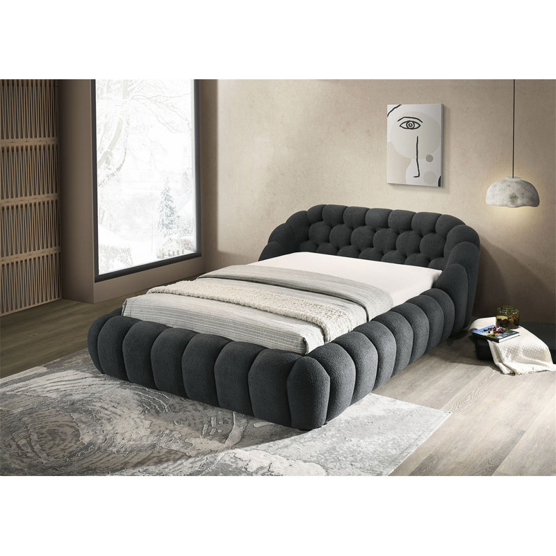 Lit de style oriental moderne capitonné en chenille capitonné / noir de style contemporain 1pc, Noir anthracite