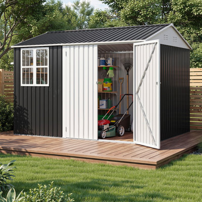 Edrosie Inc 8' x 6'FT Heavy Duty Metal Outdoor Storage Shed with Window(Gray + White)