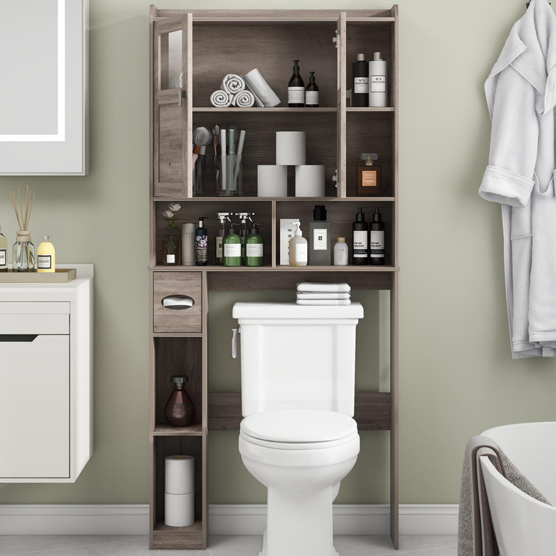 Gray Over-the-Toilet Storage Cabinet with Glass Doors and Adjustable Shelves