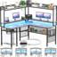Bureau en L Laveeza avec tablettes réglables et support pour écran, bureau à domicile avec prise de courant et huche-965855291