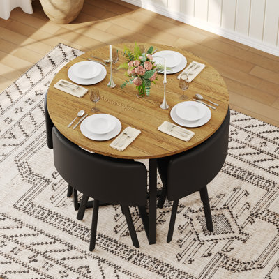 Rustic Round Dining Table And 4 PU Leather Chairs Set - 5 Piece Kitchen Table Set For Small Spaces, Apartment, Breakfast Nook, Wood Grain Finish, Black Chairs