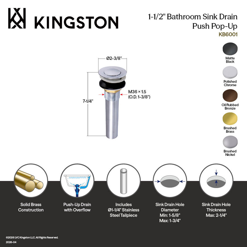 Kingston Brass Complement Brass Push Pop-Up Bathroom Sink Drain with Overflow, Polished Chrome