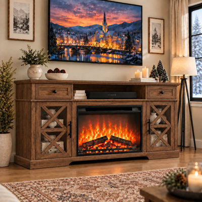 Meuble télé rustique de 150 cm (59 po) pour téléviseurs jusqu'à 165 cm (65 po) avec foyer électrique de 66 cm (26 po) inclus