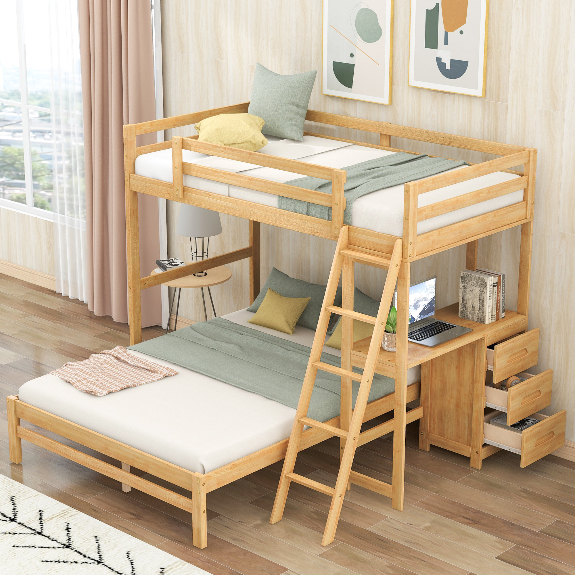 Harriet Bee Twin Over Full Bunk Bed With Built-In Desk And Three ...