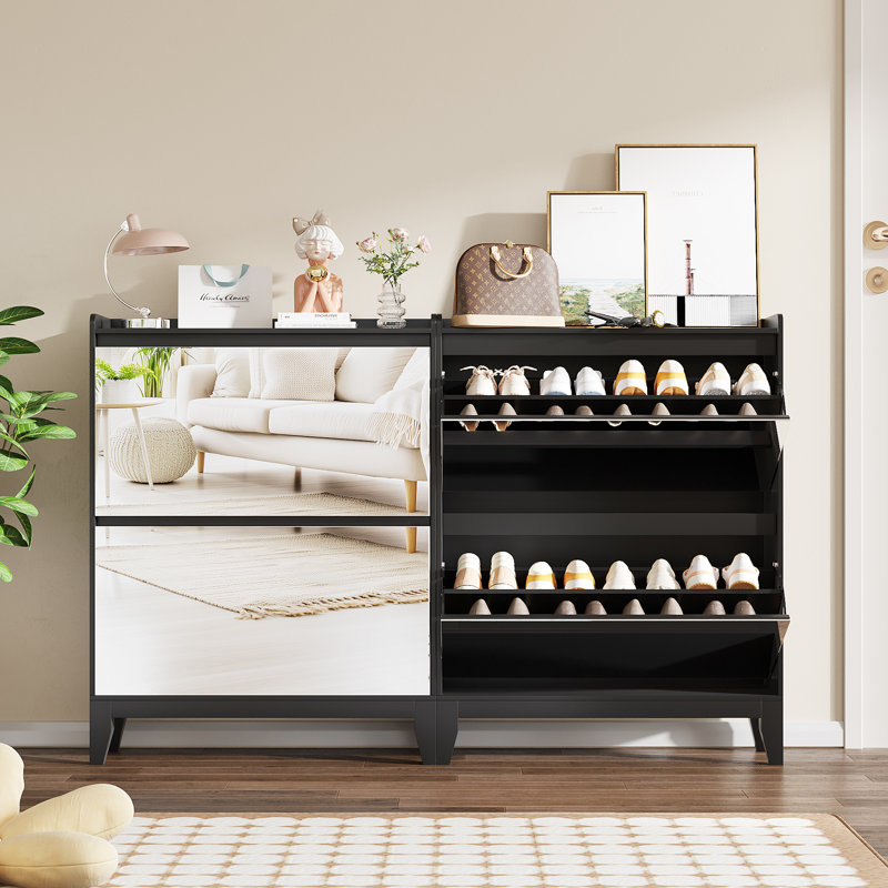 Mirrored Shoe Storage Cabinet With 2 Flip Drawers, Black