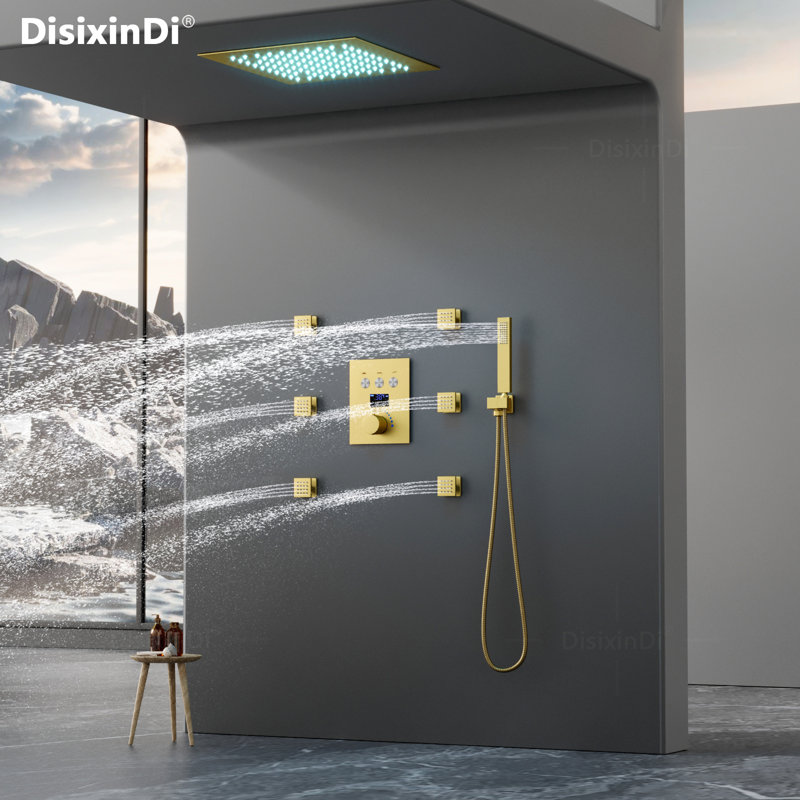 Thermostatic Rain Shower System Set with 12 Inch Rainfall Ceiling Shower Head, Brushed Gold