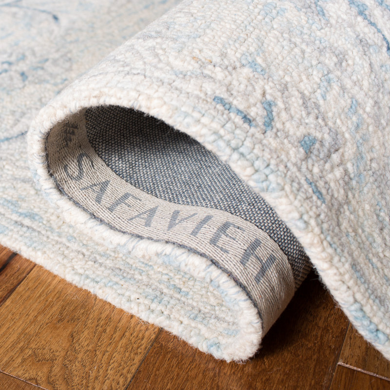 Tapis bleu clair / ivoire en laine tissé à plat à la main Dasheil, Rond 3 pi