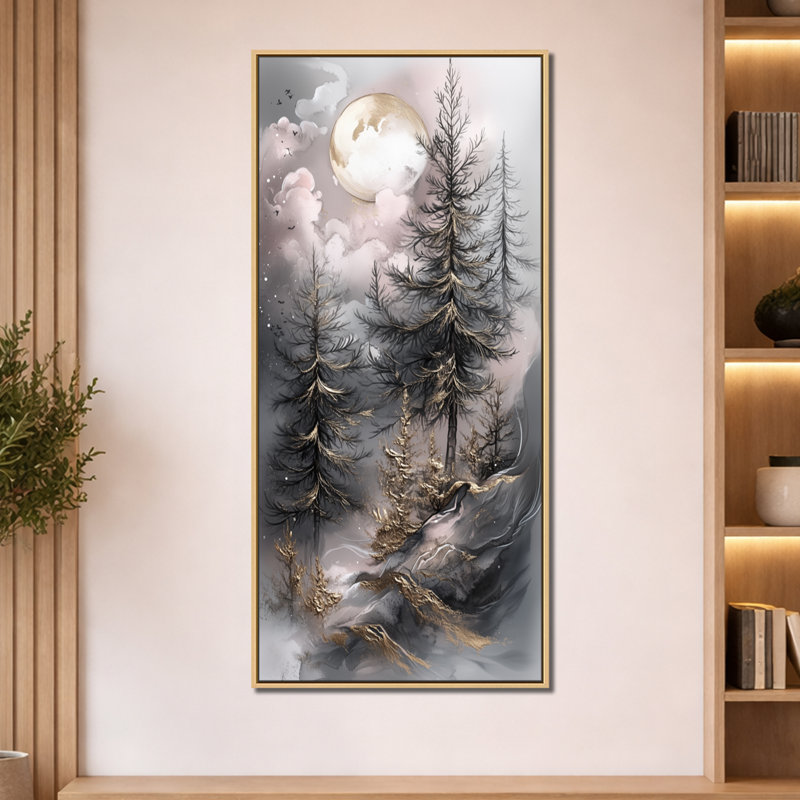 Or gris, pin givré et clair de lune I - Forêt, reproduction encadrée, décoration murale hiver, H 60 po x l 28 po